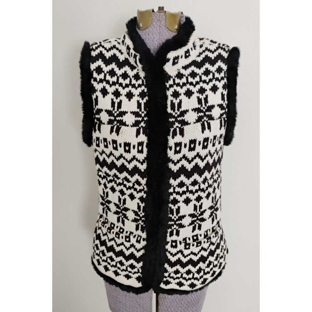 Talbots Women’s Fair Isle Sweater Vest Petite Black White Faux Fur Trim Quilted